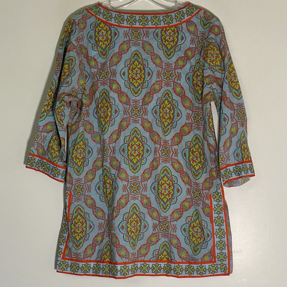 Gretchen Scott Top Womens Small Blue‎ Medallion Floral Tunic 3/4 Sleeve Boho - Picture 14 of 16